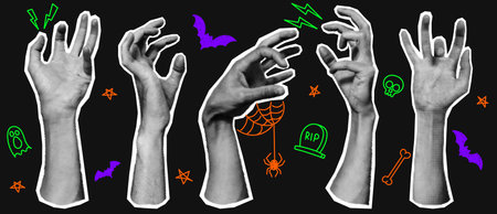 Set of halftone zombie hands. Vector illustration with curve zombie hands with halftone effects for decoration of Halloween events. Collection of collage elements. Doodle elements.のイラスト素材