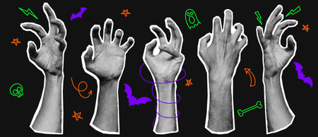 Collection of halftone zombie hands. Vector illustration with curve zombie hands with halftone effects for decoration of Halloween events. Set of collage elements. Doodle elements.のイラスト素材