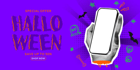 Holiday banner for Halloween sale. Halftone palm holds phone. Vector illustration in collage style. Ad banner with discount offer for Halloween sale events with halftone items and doodles.のイラスト素材