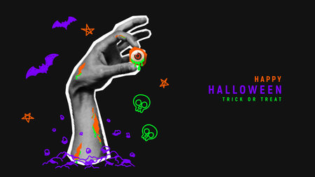 Happy Halloween holiday banner. Halftone zombie hand sticks out from ground or grave and holds pupil. Trendy vector illustration in collage style for Halloween events with doodles.のイラスト素材