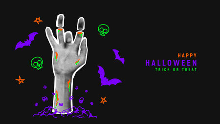 Happy Halloween background. Halftone zombie hand sticks out from ground or grave. Trendy vector illustration in collage style for Halloween events with doodles.のイラスト素材