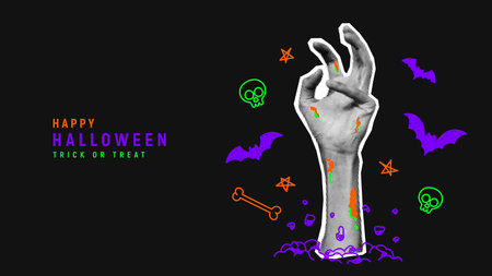 Halloween holiday background template. Halftone zombie hand sticks out from ground or grave. Trendy vector illustration in collage style for Halloween events with doodles.のイラスト素材