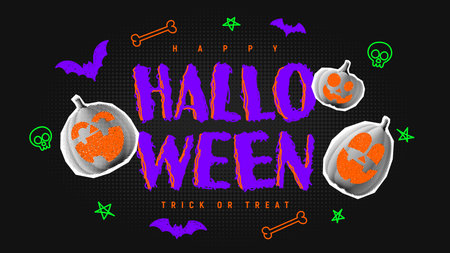 Happy Halloween holiday banner. Halftone pumpkins with doodles. Trendy vector illustration in collage style. Halloween banner with halftone collage elements and doodles.のイラスト素材