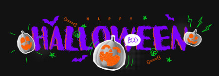 Horizontal Halloween holiday banner. Halftone pumpkins with doodles. Trendy vector illustration in collage style. Halloween banner with halftone collage elements and doodles.のイラスト素材
