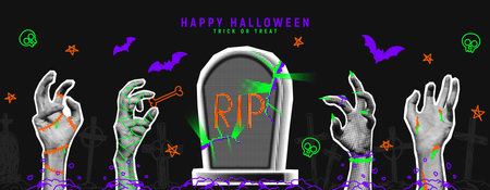 Happy Halloween holiday banner. Halftone zombie and mummies hands and stick out from ground or graves near tombstone. Trendy vector illustration in collage style for Halloween events with doodles.のイラスト素材