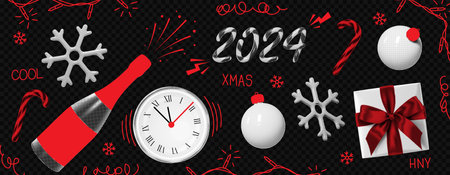 Christmas set of halftone items. Halftone snowflakes, balls, candy canes, wall clock, gift box, bottle. Trendy vector illustration in collage style for Christmas or New Year events with doodles.のイラスト素材