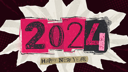 Happy New Year collage banner. Trendy vector illustration in collage style for New Year events with...