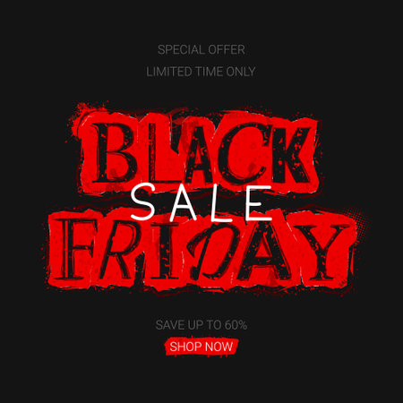 Black Friday Sale background template. Trendy vector illustration in collage style with doodles for Black Friday Sale decoration. Torn red paper and black letters with grunge effect. discount offer.のイラスト素材