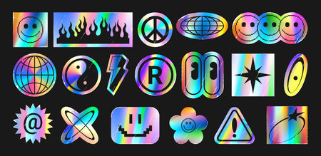 Set of holographic retro futuristic stickers. Vector illustration with iridescent foil adhesive film with symbols and objects in y2k style. Glued holographic crumpled labels with grunge effect.のイラスト素材