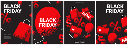 Set of posters for Black Friday Sale. Trendy vector illustration for promotion, advertising and social media. Modern flyers for Black Friday sale with simple geometry shapes.のイラスト素材