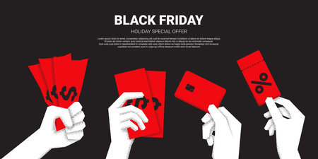 Minimal banner for Black Friday Sale. Trendy vector illustration for promotion, advertising and social media. Modern banner for Black Friday sale with hands holding banknotes, card and coupon.のイラスト素材