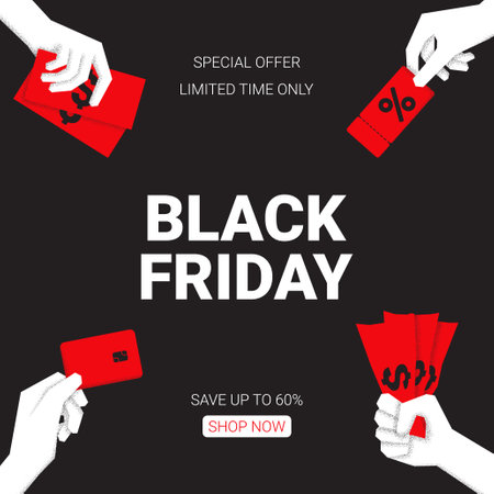 Minimal background for Black Friday Sale. Trendy vector illustration for promotion, advertising and social media. Modern banner for Black Friday sale with hands holding banknotes, card and coupon.のイラスト素材