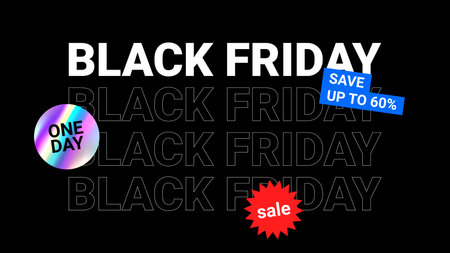 Typography banner for Black Friday. Modern linear text symbol of Black Friday with holographic sticker and discount offer. Design template for Black Friday sale, advertising and social media.のイラスト素材