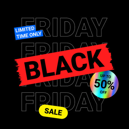 Typography banner for Black Friday. Modern linear text symbol of Black Friday with holographic sticker and discount offer. Design template for Black Friday sale, advertising and social media.のイラスト素材
