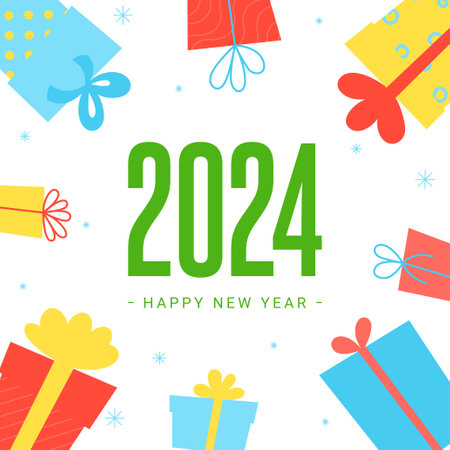 Vector card for 2024 New Year. Trendy illustration with set of gift boxes and number 2024. Happy New Year symbol with presents. Vector illustration for promotion, social media and holiday events.のイラスト素材