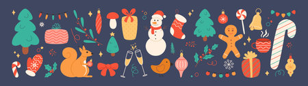 Big set of decorative holiday elements. Vector illustration with Christmas and New Year symbols and elements for decoration holiday wrappers, fabric, banners, posters, flyers, card and social media.のイラスト素材