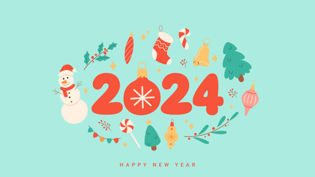 Holiday banner for 2024 New Year. Vector illustration with Christmas and New Year symbols and elements for holiday decoration, banners, posters, flyers, cards, social media and promotion.のイラスト素材