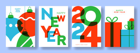 Set of Happy New Year posters. Vector illustration with templates of modern minimalist New Year flyers in risograph style. Collection of greeting cards, posters and covers for branding of Christmas.のイラスト素材