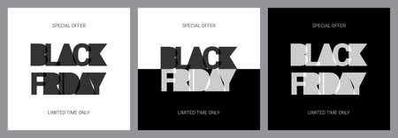 Set of banners for Black Friday sale. Vector illustration for Black Friday promotion in minimalistic design with overlay effect. Modern templates for decoration of posters, cards, social media.のイラスト素材