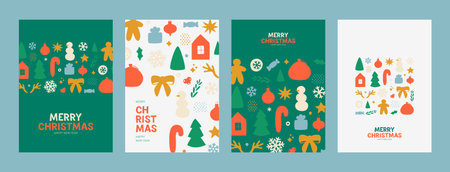 Merry Christmas and Happy New Year posters. Vector illustration with modern Christmas flyers with hand drawn doodles. Set of greeting cards, posters, covers for branding of Christmas and New Year.のイラスト素材
