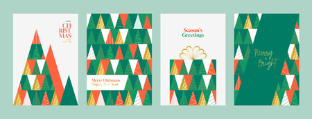Merry Christmas and Happy New Year posters. Vector illustration with templates of modern New Year flyers with triangle fir trees. Set of greeting cards, posters, covers for Christmas and New Year.のイラスト素材