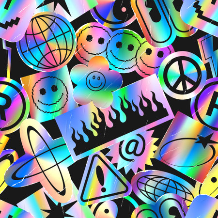 Vibrant seamless pattern with holographic stickers. Bright Y2K style vector illustration with glued holographic stickers with gradient effect. Iridescent foil adhesive film with symbols.のイラスト素材
