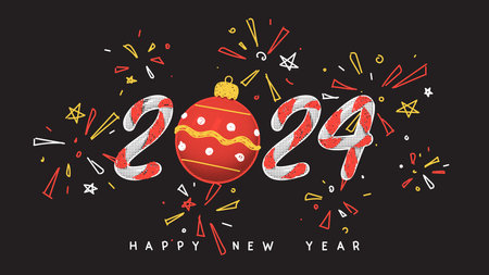 Happy New Year 2024 card. Vector illustration with halftone number 2024, ball and hand drawn doodle fireworks. Halftone New Year symbol made from candy cane for banners, posters, social media.のイラスト素材