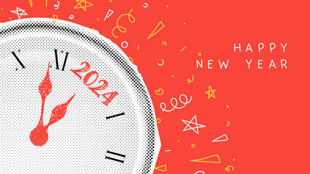 Bright New Year banner of 2024. Vector illustration with halftone wall clock and hand drawn doodle...