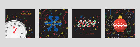 Set of Christmas and New Year cards. Vector illustration with halftone Christmas items and hand drawn doodles. Decorative halftone ball, wall clock, snowflake, number 2024. Happy New Year banners.のイラスト素材