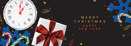 Merry Christmas and Happy New Year banner. Vector illustration with halftone Christmas items and hand drawn doodles. Decorative halftone gift box, candy canes, snowflakes, wall clock. Holiday decor.のイラスト素材