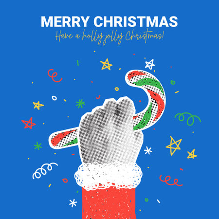 Merry Christmas card template. Vector illustration with halftone Santa Claus hand holding candy cane. Retro Christmas banner for decoration holiday greetings, posters, parties with hand drawn doodle.のイラスト素材
