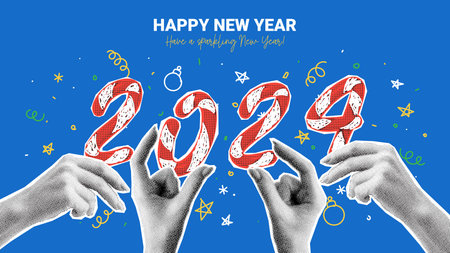 Happy New Year 2024 collage. Vector illustration with halftone hands holding cut out number 2024. Retro New Year banner for decoration card, poster, party with hand drawn doodle New Year symbols.のイラスト素材
