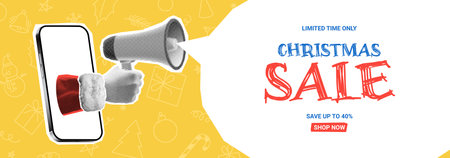 Holiday banner for Christmas sale. Vector illustration with retro halftone Santa Claus hand coming out from phone and holding loudspeaker. Christmas or New Year collage for ads, poster, social media.のイラスト素材