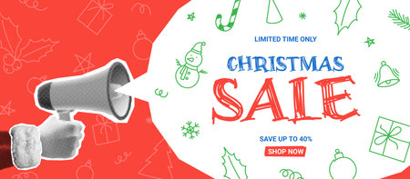 Retro banner for Christmas sale. Vector illustration with retro halftone Santa Claus hand holding loudspeaker, speech bubble with doodles. Christmas or New Year collage for ads, poster, social media.のイラスト素材
