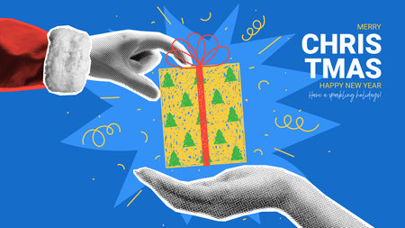 Christmas and New Year banner. Hand of Santa Claus puts gift box on hand of woman. Christmas or New Year collage with halftone effect for ads, poster, social media. Vector illustration with doodles.のイラスト素材