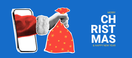 Horizontal Christmas banner template. Hand of Santa Claus sticks out from phone and holds bag with gifts. Christmas or New Year collage with halftone effect hand. Vector illustration.のイラスト素材