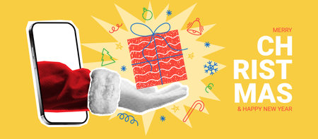 Merry Christmas banner template. Hand of Santa Claus sticks out from phone and holds gift box. Christmas or New Year collage with halftone effect hand. Vector illustration with hand drawn doodles.のイラスト素材