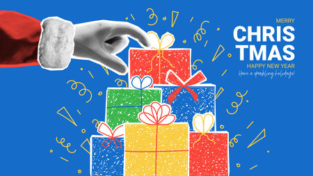 Christmas and New Year banner. Hand of Santa Claus puts box on top of mountain of gift boxes. Christmas or New Year collage with halftone effect hand. Vector illustration with hand drawn presents.のイラスト素材