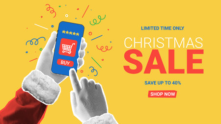 Christmas sale banner template. Santa Claus holds phone and buy goods using internet shop. Christmas or New Year collage with halftone effect hands. Vector illustration with discount offer.のイラスト素材