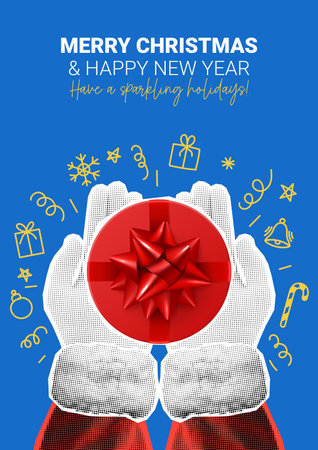 Christmas and New Year poster. Hands of Santa Claus holds or shows gift box on palms. Christmas or New Year collage with halftone effect hands. Vector illustration with cut out elements of collage.のイラスト素材
