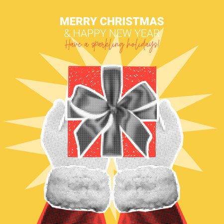 Christmas and New Year card. Hands of Santa Claus holds or shows gift box on palms. Christmas or New Year collage with halftone effect hands. Vector illustration with cut out elements of collage.のイラスト素材