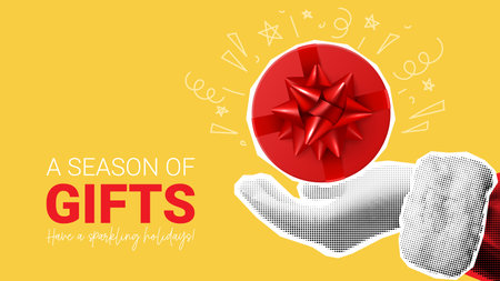 Christmas and New Year banner. Hand of Santa Claus holds red round gift box on palm. Christmas or New Year collage with halftone effect hand. Vector illustration with cut out elements of collage.のイラスト素材