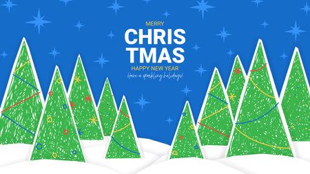 Holiday Christmas and New Year collage. Winter composition with hand drawn and cut out from paper fir trees and snowdrifts. Vector illustration with Christmas and New Year symbols. Holiday collage.のイラスト素材