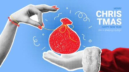 Holiday Christmas banner template. Hand of Santa Claus holds red bag with gifts, hand of woman pulls thread. Christmas or New Year collage with halftone effect for decoration. Vector illustration.のイラスト素材
