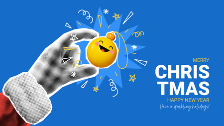 Christmas and New Year banner template. Hand of Santa Claus shows yellow Christmas ball. Christmas or New Year collage with halftone effect for decoration. Vector illustration with cut out symbols.のイラスト素材