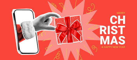 Merry Christmas banner template. Hand of Santa Claus sticks out from phone and holds gift box. Christmas or New Year collage with halftone effect hand. Vector illustration with hand drawn doodles.のイラスト素材