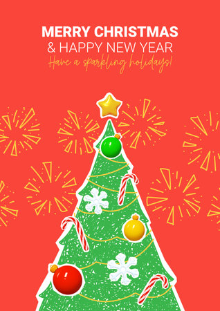 Holiday Christmas and New Year collage. Winter composition with hand drawn and cut out from paper fir tree and decorative toys. Vector illustration for Christmas and New Year. Holiday collage.のイラスト素材