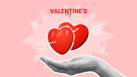 Modern banner for Valentine's day. Halftone hand holds couple red hearts with hand drawn arrow. Collage with cut out symbols of Valentine's day. Vector illustration with doodles.のイラスト素材