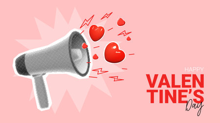 Happy Valentine's day background. Halftone megaphone, loudspeaker with red 3d hearts and doodles. Collage with cut out symbols of Valentine's day. Vector illustration for party, posters, cards.のイラスト素材