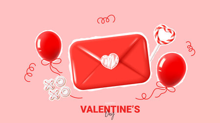 Happy Valentine's day card. Holiday composition with cut out envelope, balloons, lollipop, cookies and hand drawn doodles. Vector illustration for banners, posters, social media with stickers.のイラスト素材